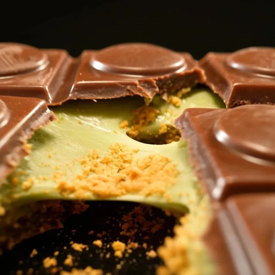 Närbild på Nelino choklad med pistagefyllning och kadaif